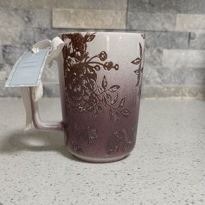 NWT Shabby Chic Ceramic Brown & Mauve Ombré Embossed Floral Coffee Tea Mug Cup